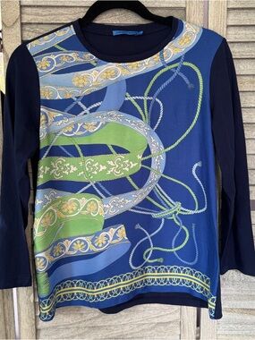 J. McLaughlin Navy Equestrian Print Long Sleeve Top Size S